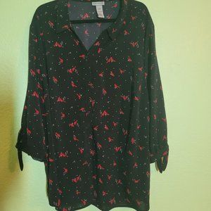 Catherines Black Red Cardinals Button Front Blouse Tie Sleeves 3X Plus s…